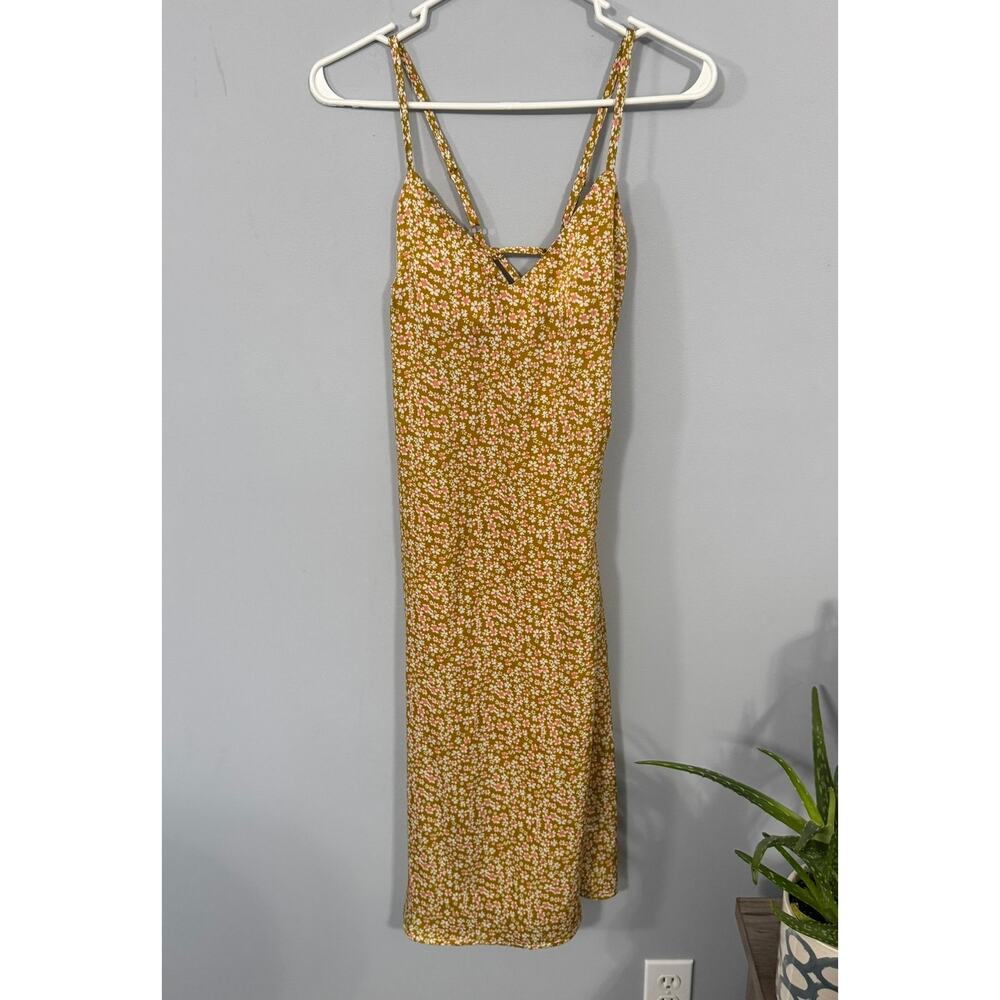 Max & Ash Retro Print Mustard Yellow Floral Dress w/ Lace Down Back Size Medium
